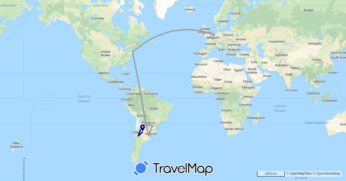 TravelMap itinerary: driving, plane in Argentina, Netherlands, United States (Europe, North America, South America)